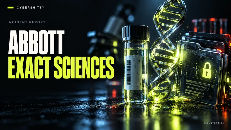 Conceptual illustration: A generic molecular-diagnostics lab with a glass sample vial, stylized DNA sculpture and secured digital files. Headline: ABBOTT EXACT SCIENCES.