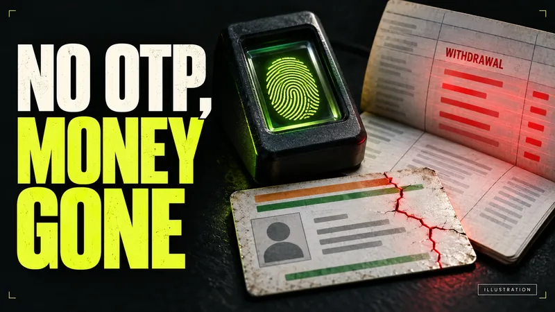 Illustration of a fingerprint scanner beside a cracked identity card and a passbook with withdrawals marked in red. Text: NO OTP, MONEY GONE.
