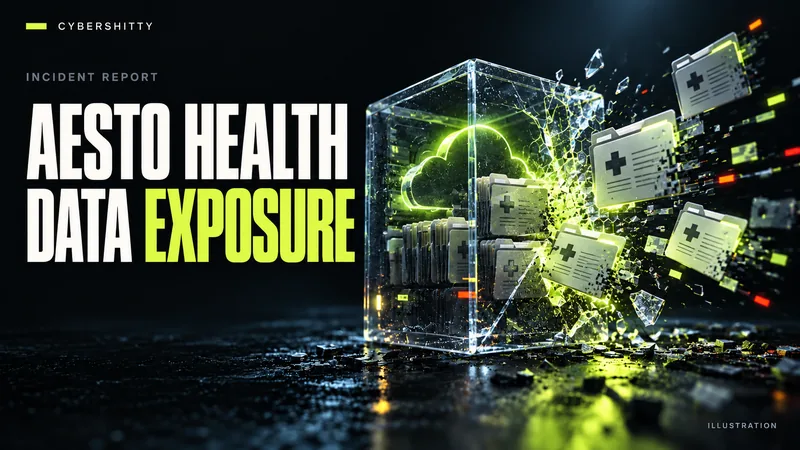 Conceptual illustration: A transparent medical-record archive cube with anonymous patient folders floating out through a fracture and subtle cloud silhouette. Headline: AESTO HEALTH DATA EXPOSURE.
