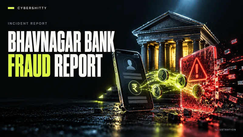 Conceptual illustration: A generic cooperative-bank sculpture, smartphone profile and rupee transfer trail stopped by a warning barrier. Headline: BHAVNAGAR BANK FRAUD REPORT.