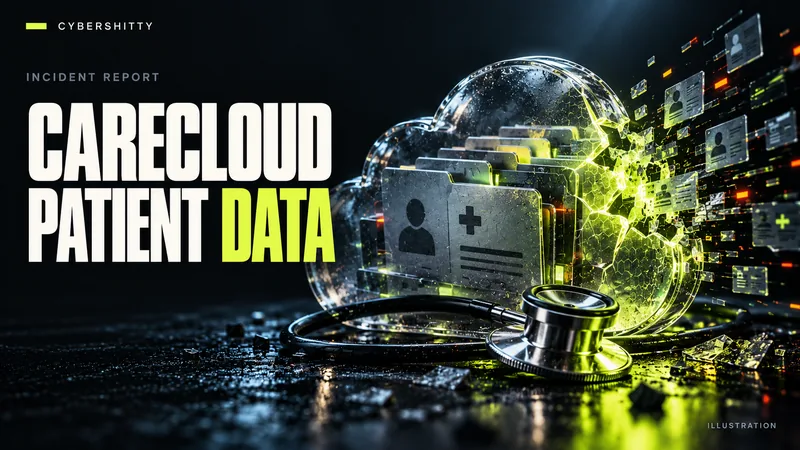 Conceptual illustration: A glass cloud containing anonymous health-record folders and a stethoscope, with a subtle fracture and data fragments. Headline: CARECLOUD PATIENT DATA.