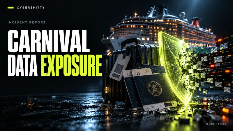 Conceptual illustration: A generic intact cruise ship far behind anonymous passenger-document cards and a suitcase tag, with a fractured data barrier. Headline: CARNIVAL DATA EXPOSURE.