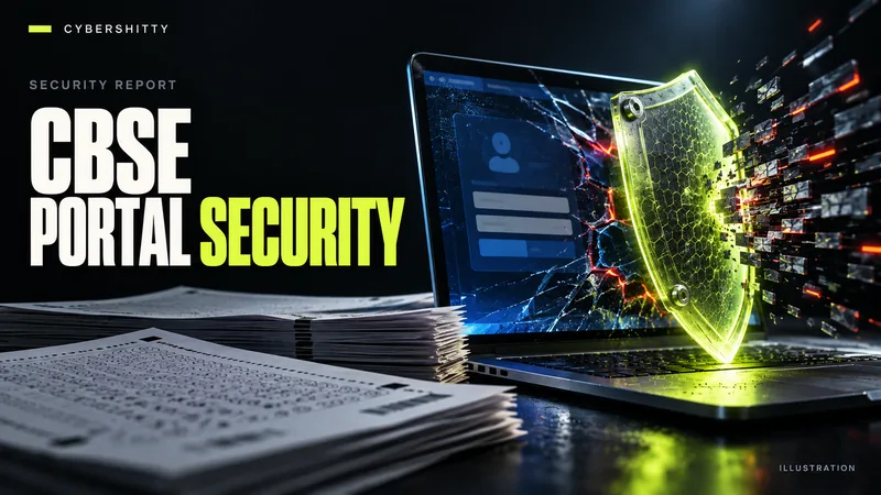 Conceptual illustration: Anonymous exam marking sheets and an educational computer screen with a protective patch plate over a digital fracture. Headline: CBSE PORTAL SECURITY.
