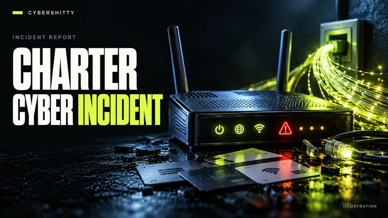 Conceptual illustration: An unbranded broadband modem with fibre-optic strands, anonymous service cards and a small network warning. Headline: CHARTER CYBER INCIDENT.