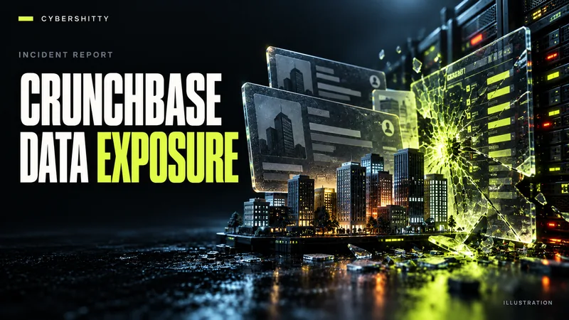 Conceptual illustration: Anonymous company-profile cards, a small skyline and corporate server with a fractured glass data panel. Headline: CRUNCHBASE DATA EXPOSURE.