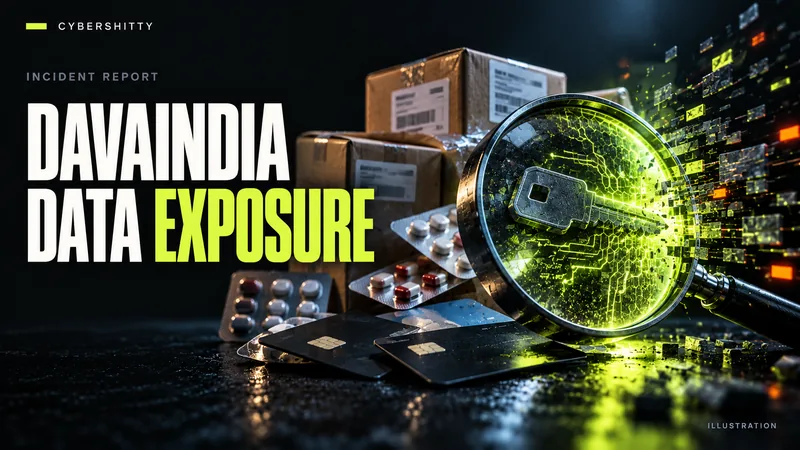Conceptual illustration: Generic pharmacy parcels, anonymous online-order cards and a digital administrator key under a security lens. Headline: DAVAINDIA DATA EXPOSURE.