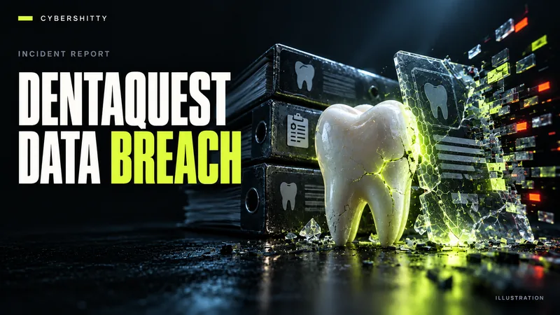 Conceptual illustration: A sculptural porcelain tooth beside anonymous dental-benefits folders and a fractured glass data panel. Headline: DENTAQUEST DATA BREACH.