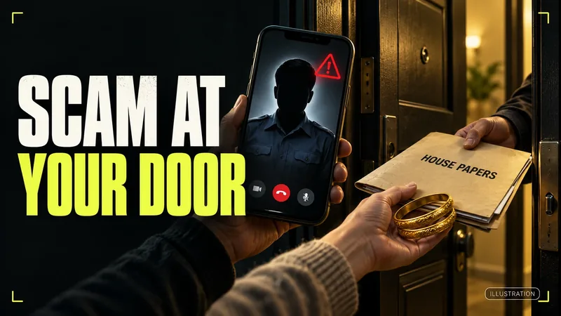 Illustration of a video call with a silhouetted fake officer while house papers and gold bangles are handed over at a door. Text: SCAM AT YOUR DOOR.