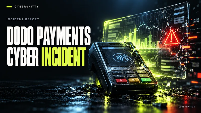 Conceptual illustration: A generic digital payment terminal connected to a transparent analytics grid with a small fracture and warning. Headline: DODO PAYMENTS CYBER INCIDENT.