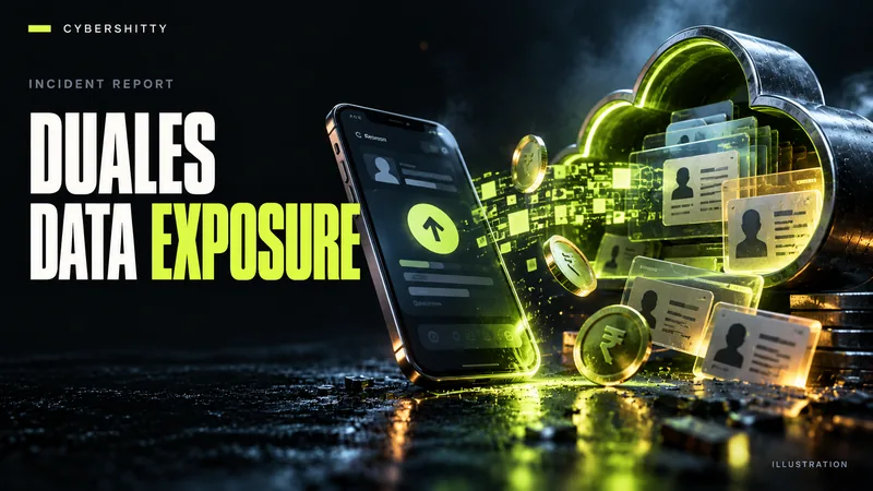 Conceptual illustration: An unbranded money-transfer phone, abstract currency tokens and anonymous licence cards in open cloud storage. Headline: DUALES DATA EXPOSURE.