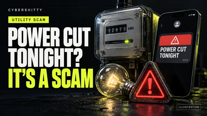 Illustration of an electricity meter, bulb and phone displaying a threatening disconnection SMS beside a warning triangle, with the headline Power Cut Tonight? It's a Scam.