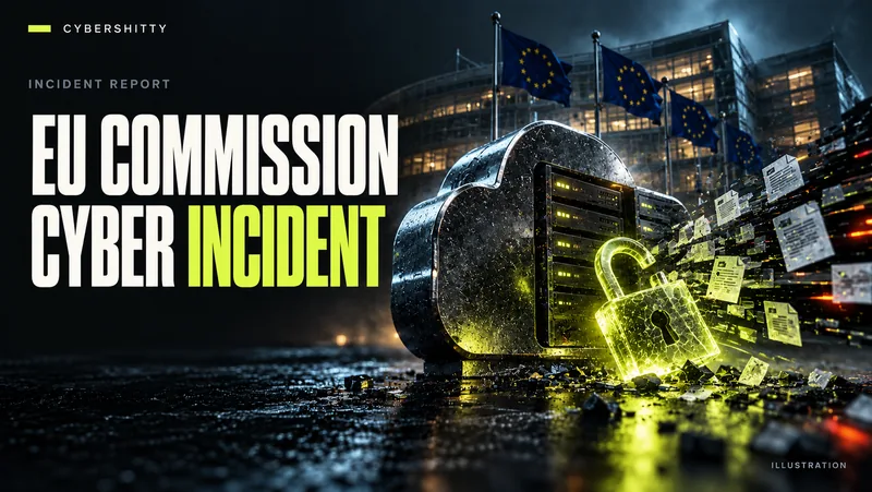 Conceptual illustration: A generic institutional building silhouette behind a cloud server and compromised access-key symbol, with anonymous file fragments. Headline: EU COMMISSION CYBER INCIDENT.