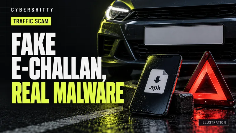 Illustration of a blank car number plate, a phone displaying an APK file and a red warning triangle, with the headline Fake E-Challan, Real Malware.