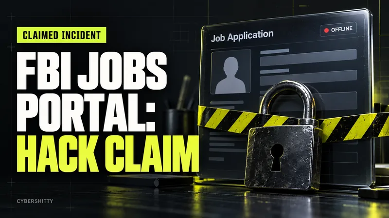 Editorial illustration of an offline job-application form behind a padlock and caution tape, with the headline FBI Jobs Portal: Hack Claim.
