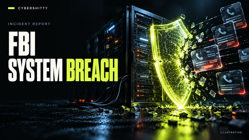 Conceptual illustration: An anonymous government-records server with abstract phone metadata cards and fractured perimeter shield. Headline: FBI SYSTEM BREACH.