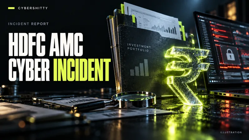 Conceptual illustration: An investment-fund portfolio folder, glass rupee symbol and secure workstation under investigation. Headline: HDFC AMC CYBER INCIDENT.