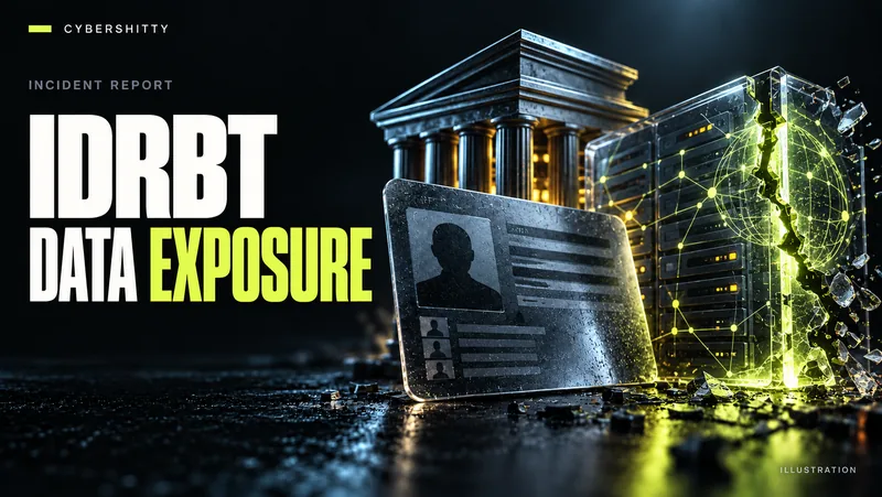 Conceptual illustration: A generic bank-staff directory card beside an institutional building sculpture and glass network registry with a narrow security fracture. Headline: IDRBT DATA EXPOSURE.