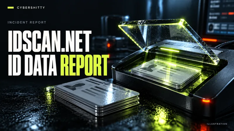 Conceptual illustration: A desktop identity-card scanner and blank licence cards under a glass security lens. Headline: IDSCAN.NET ID DATA REPORT.