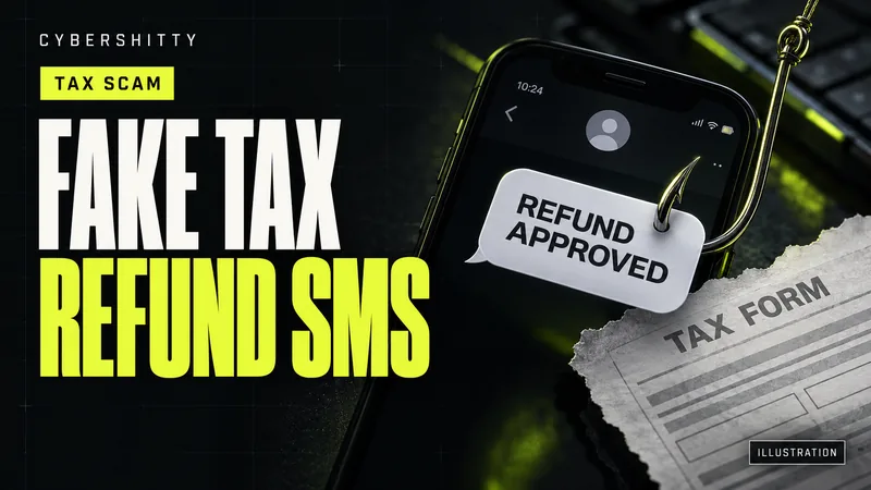 Illustration of a phone showing a fake Refund Approved message caught by a phishing hook beside a tax form, with the headline Fake Tax Refund SMS.