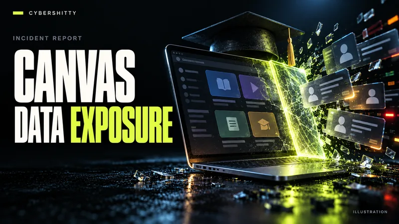 Conceptual illustration: A learning-platform laptop with abstract course tiles, academic cap and anonymous enrolment cards crossing a fractured glass boundary. Headline: CANVAS DATA EXPOSURE.
