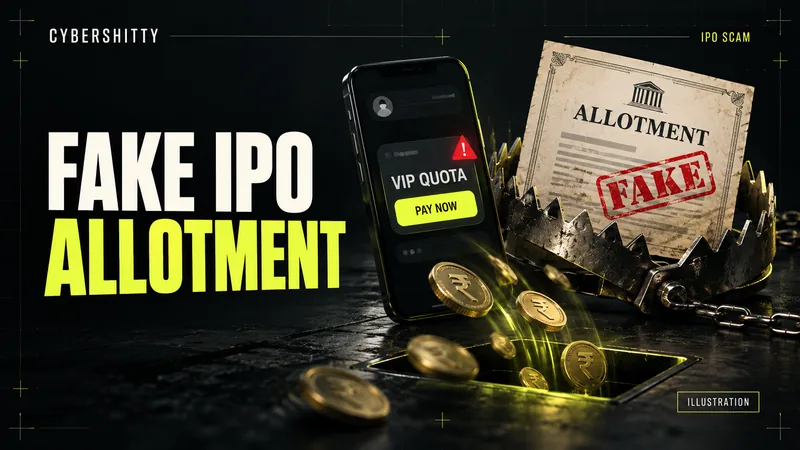 Illustration of a fake IPO allotment certificate in a trap beside a VIP quota payment message. Text: FAKE IPO ALLOTMENT.
