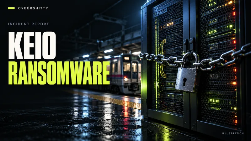 Conceptual illustration: A generic Japanese commuter train standing intact in the distant background, with a locked corporate server cabinet prominent in the foreground. Headline: KEIO RANSOMWARE.