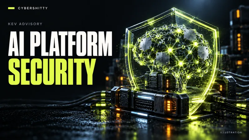 Conceptual illustration: A sculptural neural-network lattice and machine-learning compute module inside a precision shield, patch plates on connected nodes. Headline: AI PLATFORM SECURITY.