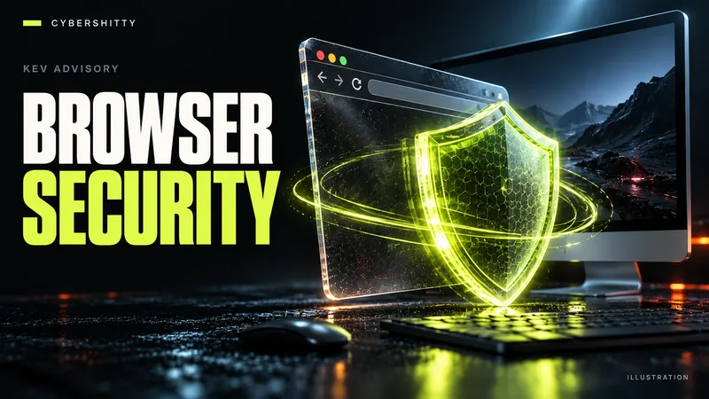 Conceptual illustration: A transparent generic browser window protected by a lime shield beside a clean desktop monitor. Headline: BROWSER SECURITY.