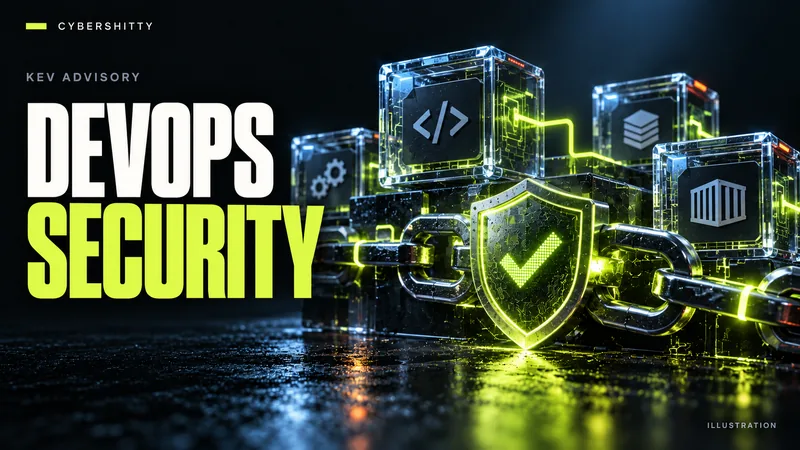 Conceptual illustration: Interconnected glass software-repository cubes and deployment packages, a metal access key and a protected supply-chain link. Headline: DEVOPS SECURITY.