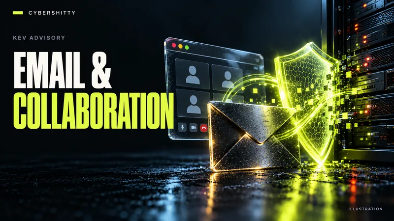 Conceptual illustration: An anonymous envelope and glass video-meeting window connected to a protected server. Headline: EMAIL & COLLABORATION.