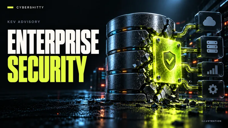 Conceptual illustration: A database cylinder and enterprise-application blocks, with a lime patch plate sealing a fractured access gateway. Headline: ENTERPRISE SECURITY.