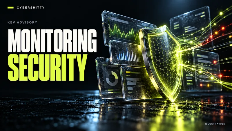 Conceptual illustration: Abstract observability signal traces and glass data tiles protected by a patch shield. Headline: MONITORING SECURITY.