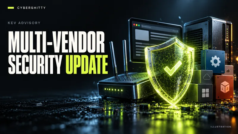 Conceptual illustration: A balanced still life of router, workstation, browser panel and software package cube unified by a protective patch shield. Headline: MULTI-VENDOR SECURITY UPDATE.