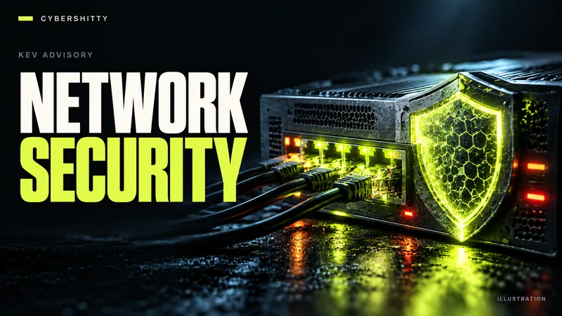 Conceptual illustration: An enterprise router and firewall appliance, shielded network ports and a precise glowing patch plate. Headline: NETWORK SECURITY.