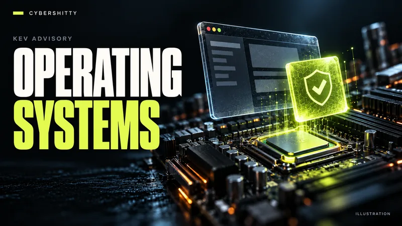Conceptual illustration: A workstation motherboard, floating abstract operating-system window and lime patch tile. Headline: OPERATING SYSTEMS.