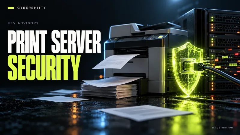 Conceptual illustration: An office printer beside a compact server, anonymous paper sheets and a shield over its network port. Headline: PRINT SERVER SECURITY.