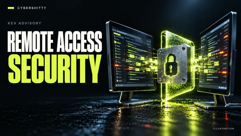 Conceptual illustration: Two professional unbranded computer screens linked through a protected gateway, with a patch plate over an access-key symbol. Headline: REMOTE ACCESS SECURITY.