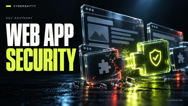 Conceptual illustration: Glass website pages and plug-in blocks with one fractured connector receiving a patch. Headline: WEB APP SECURITY.