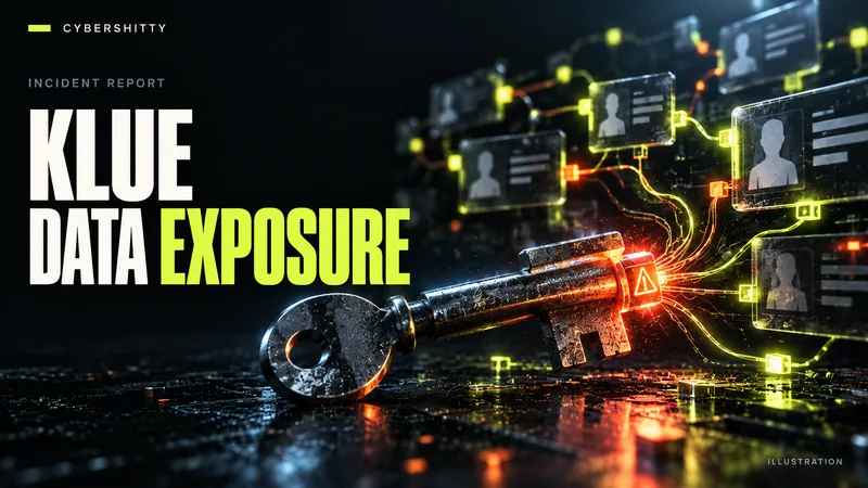 Conceptual illustration: An abstract CRM grid of anonymous customer cards connected to an old access key, a warning glow at the connection. Headline: KLUE DATA EXPOSURE.
