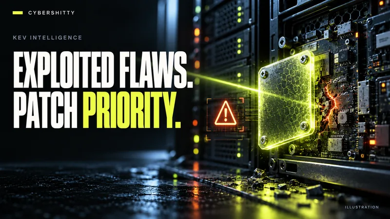 Conceptual illustration: An enterprise server, exposed circuit board and a precise glowing protective patch plate sealing a small fracture. Headline: EXPLOITED FLAWS. PATCH PRIORITY.