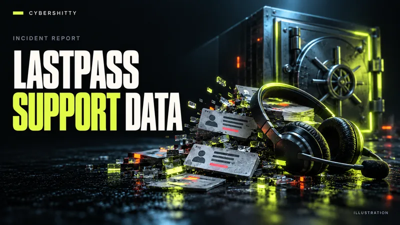 Conceptual illustration: Anonymous customer support tickets and a headset with small data fragments in the foreground; a securely closed, intact vault stays protected in the background. Headline: LASTPASS SUPPORT DATA.