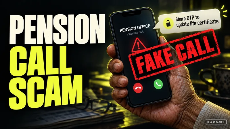 Illustration of an older person's hand holding a phone with an incoming call from 'Pension Office' asking to share an OTP to update the life certificate, stamped FAKE CALL. Text: PENSION CALL SCAM.