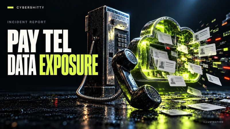 Conceptual illustration: A generic institutional payphone handset connected to an open cloud-storage sculpture containing blank identity cards. Headline: PAY TEL DATA EXPOSURE.