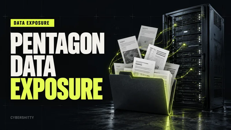 Editorial illustration of a server rack beside an open file-sharing folder with exposed file cards, with the headline Pentagon Data Exposure.
