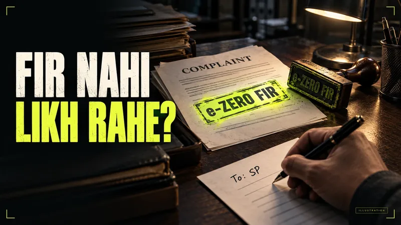 Illustration of a complaint stamped e-ZERO FIR on a desk and a hand writing a letter addressed to the SP. Text: FIR NAHI LIKH RAHE?