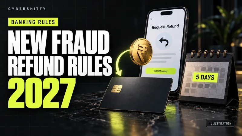 Illustration of a bank card, phone, calendar highlighting 5 days, and a returning rupee coin, with the headline New Fraud Refund Rules 2027.