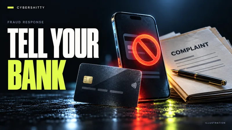 Conceptual illustration: A generic bank card and phone with an abstract blocked-payment symbol beside a written complaint folder. Headline: TELL YOUR BANK.