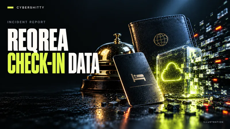 Conceptual illustration: A generic hotel key card and front-desk bell beside an anonymous passport sleeve and exposed cloud-storage cube. Headline: REQREA CHECK-IN DATA.