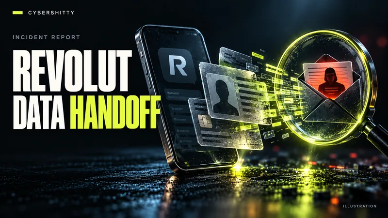 Conceptual illustration: A banking phone and abstract ID documents handed toward an unverified email envelope under a magnifying glass. Headline: REVOLUT DATA HANDOFF.