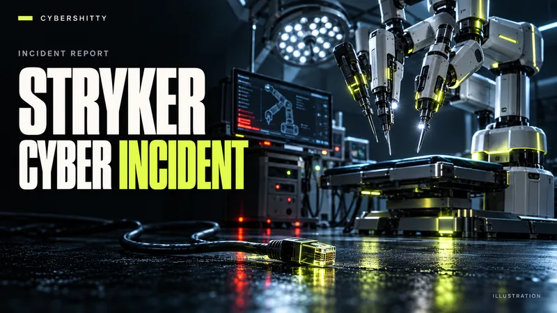 Conceptual illustration: A generic medical-device workstation with an unbranded surgical robotic arm and disconnected corporate network cable. Headline: STRYKER CYBER INCIDENT.